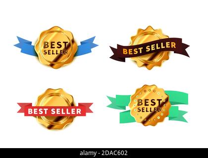 Set aus verschiedenen leuchtend goldenen Abzeichen mit Bändern, glänzende Bestseller-Ikonen auf Weiß Stock Vektor