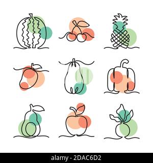 Symbole Satz von einer Linie Design von Obst und Gemüse auf weißem Hintergrund, Linienstil, Vektor-Illustration Stock Vektor