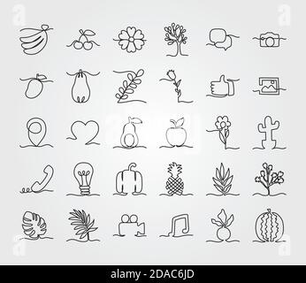 Eine Linie Design von Blumen und Früchten Symbol auf weißem Hintergrund gesetzt, Linienstil, Vektor-Illustration Stock Vektor