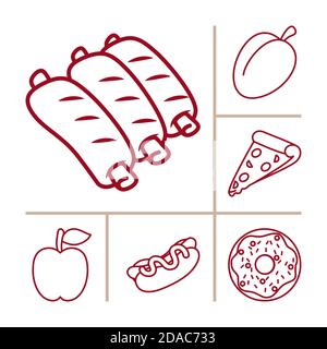 Schweinefleisch Rippen und Lebensmittel Symbol auf weißem Hintergrund gesetzt, Linie Stil, Vektor-Illustration Stock Vektor