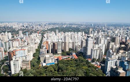 Luftaufnahme der Viertel Jardim Paulista, Pinheiros, Jardins, Itaim Bibi und Ibirapuera von der Avenida Paulista. Sao Paulo Stadt, Brasilien. Stockfoto