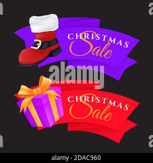 Weihnachten Verkauf Etiketten Set mit Geschenkbox und rot Santa's Boot. Vektor-Illustration von bunten festlichen Tags oder Sonderangebot Banner isoliert auf einem dunklen Stock Vektor