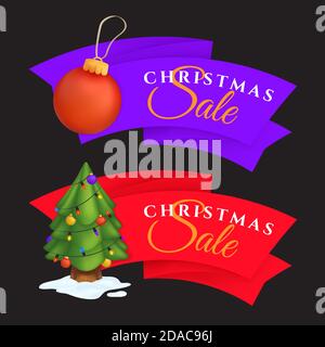 Weihnachten Verkauf Etiketten Set mit dekorierten immergrünen Baum und roten Dekoration Ball. Vektor-Illustration von bunten festlichen Tags oder Sonderangebote Banner Stock Vektor