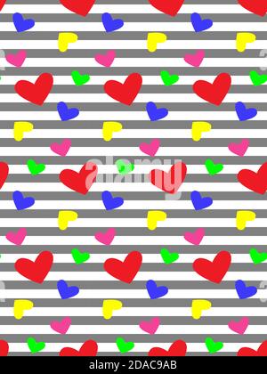 Geometrisches abstraktes Nahtmuster. Stilvoller Hintergrund mit grauen Reihen und bunten Herzformen Stock Vektor