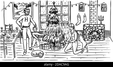 Die Familie schmückt den Baum zu Weihnachten. Mama Papa Hund Katze und Kinder am Fenster mit einem Kamin zu Hause. Gemütliche Atmosphäre. Winterkonzept Stock Vektor