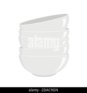 Stapel von sauberen weißen Schüsseln für Suppe oder Salat isoliert auf weißem Hintergrund. Geschirr für die Küche gewaschen. Vektorgrafik. Stock Vektor
