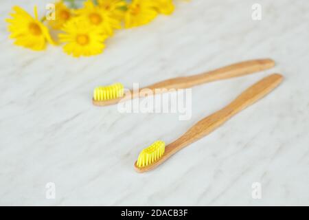 Zwei hölzerne (Bambus-) Zahnbürsten mit gelben Borsten auf Marmoroberfläche. Gelbe Blüten im Hintergrund. Umweltfreundliche zahnärztliche Ausrüstung Stockfoto