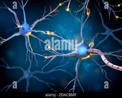 Netzwerk von multipolaren Neuronen mit glühenden Rezeptoren. 3D-Illustration. Stockfoto