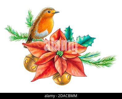 Aquarell Weihnachtskomposition mit einem europäischen Rotkehlchen. Traditionelle Aquarelldarstellung. Stockfoto
