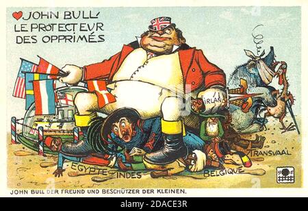 JOHN BULL als Bully in einem deutschen ersten Weltkrieg Karikatur mit Französisch Ergänzungen. Der Deutsche sagt: 'John Bull Beschützer der kleinen Leute' die französische Version hat 'John Bull Beschützer der Unterdrückten' Stockfoto