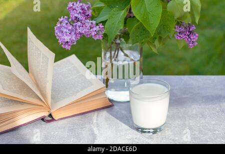 Glas Milch, geöffnetes altes Buch, blühende lila Fliederblüten im durchsichtigen Glas auf dem Tisch im Garten am sonnigen Frühlingstag Stockfoto