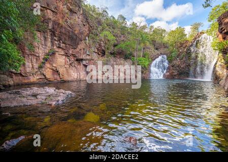 Titel: Die Schwimmlöcher an den Florence Falls gehören zu den meistbesuchten Touristenattraktionen des Litchfield National Park im Northern Territo in Australien Stockfoto