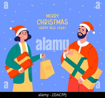 Junge Frau und Mann mit Geschenken und Schriftzügen Stock Vektor