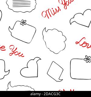 Outline Sprachblasen nahtlose Muster mit Hand geschrieben Liebe Sie, Miss Sie Worte in einfachen Doodle Stil Cartoon Formen Aufkleber für St Valentine Urlaub Design gezeichnet Stock Vektor