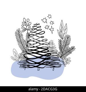 Weihnachten florale Komposition mit Tannen und Blätter Äste in einfachen Hand gezeichneten Doodle Stil für Grußkarten, Einladungen, Banner-Vektor-Illustration. Stock Vektor