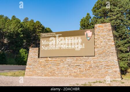 Eintrittsschild zum Mount Rushmore National Memorial in the Black Hügel von South Dakota Stockfoto