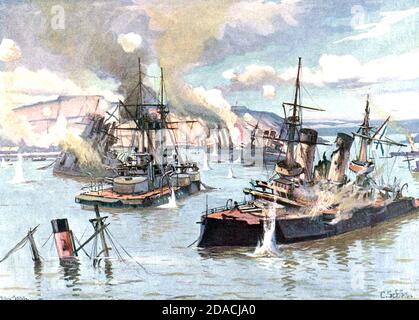 RUSSISCHE PACIFC FLOTTE in Port Arthur wird von japanischen Landstreitkräften im Dezember 1904 während des Russisch-Japanischen Krieges von 1904-1905 beschossen. Stockfoto