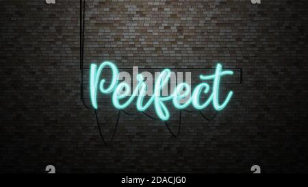 Die Nachricht "perfekt" Neonlicht auf Brick Wand bcakground Stockfoto