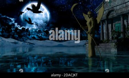 Engel des Todes - Gruselnacht Hintergrund mit Mond - 3d rendering Stockfoto