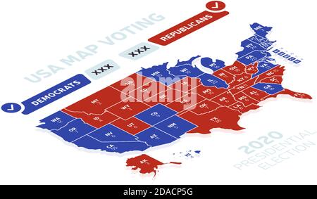 USA Präsidentschaftswahl Ergebnisse isometrische Karte. Präsidentschaftswahl Karte jeder Staat amerikanischen Wahlstimmen zeigt Republikaner oder Demokraten. Vecto Stock Vektor