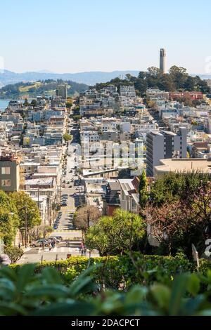 San Francisco, Kalifornien, USA - MÄRZ 15 2019: Blick auf den Telegraph Hill Turm von der Lombard Street Region an einem sonnigen Tag Stockfoto