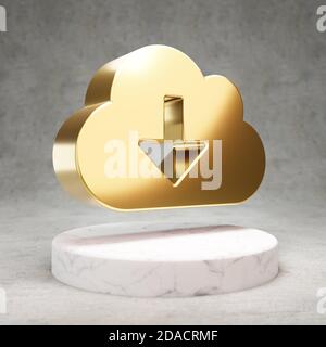 Symbol für Cloud-Download. Gold glänzend Wolke Download Symbol auf weißem Marmor Podium. Modernes Icon für Website, Social Media, Präsentation, Design Template Element. 3D-Rendering. Stockfoto