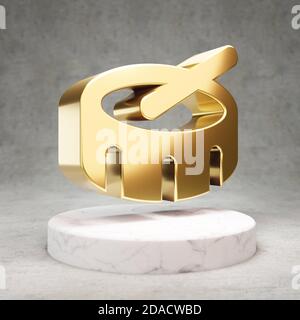 Trommelsymbol. Gold glänzend Drum Symbol auf weißem Marmor Podium. Modernes Icon für Website, Social Media, Präsentation, Design Template Element. 3D-Rendering. Stockfoto