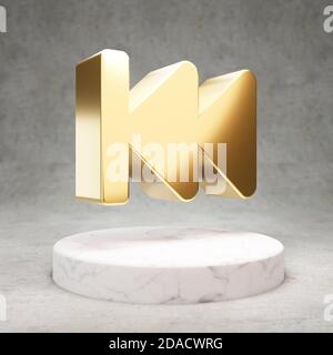Symbol für schnellen Rücklauf. Gold glänzend schnell rückwärts Symbol auf weißem Marmor Podium. Modernes Icon für Website, Social Media, Präsentation, Design Template Element. 3D-Rendering. Stockfoto