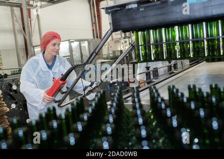 Fabrikarbeiter, der Förderband mit Plastikflaschen betreibt Stockfoto