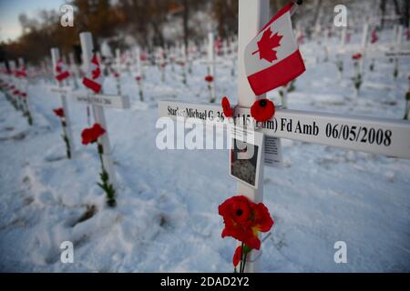 Calgary, Alberta, Kanada. November 2020. Ein Kreuz, das den Namen des in Afghanistan getöteten Soldaten Michael starker trägt, der am Denkmal für Kreuze in Calgary, Alberta, getötet wurde. Das Feld der Kreuze ist ein jährliches Denkmal, das die fast 120,000 kanadischen Veteranen anerkennt, die seit 1914 in Kriegen ihr Leben verloren haben. Quelle: Gavin John/ZUMA Wire/Alamy Live News Stockfoto