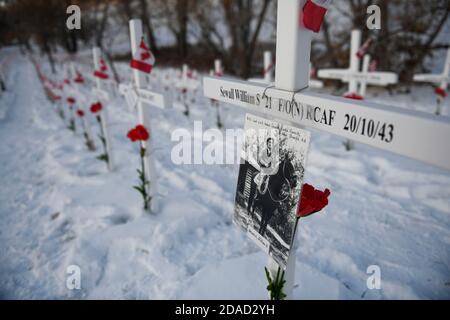 Calgary, Alberta, Kanada. November 2020. Ein Kreuz trägt das Foto eines Soldaten, der am 11. November am Gedenktag des 2. Weltkriegs am Field of Crosses Memorial in Calgary, Alberta, getötet wurde. Das Feld der Kreuze ist ein jährliches Denkmal, das die fast 120,000 kanadischen Veteranen anerkennt, die seit 1914 in Kriegen ihr Leben verloren haben. Quelle: Gavin John/ZUMA Wire/Alamy Live News Stockfoto