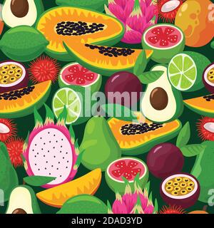 Nahtloses Muster mit farbenfrohen, leuchtenden tropischen exotischen Früchten. Stock Vektor