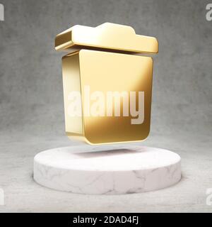 Papierkorbsymbol. Gold glänzend Papierkorb Symbol auf weißem Marmor Podium. Modernes Icon für Website, Social Media, Präsentation, Design Template Element. 3D-Rendering. Stockfoto