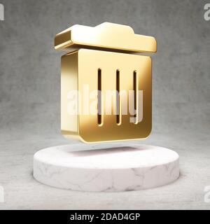 Papierkorbsymbol. Gold glänzend Papierkorb Symbol auf weißem Marmor Podium. Modernes Icon für Website, Social Media, Präsentation, Design Template Element. 3D-Rendering. Stockfoto