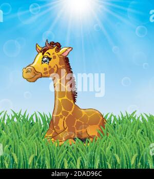 Vektor-Illustration von Cartoon Giraffe sitzt im Gras auf Ein Hintergrund von strahlendem Sonnenschein Stock Vektor