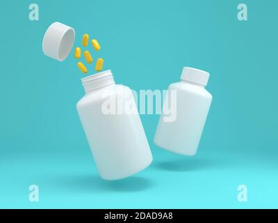 3D-Illustration von gelben Pillen mit weißen Plastikflasche Mock Nach oben (Beschneidungspfad oder Arbeitspfad enthalten) Stockfoto