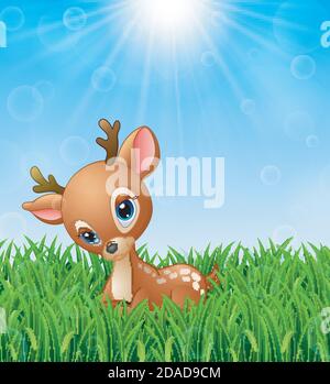 Vektor-Illustration von Cute Baby Hirsch Cartoon im Gras Auf einem Hintergrund von strahlendem Sonnenschein Stock Vektor