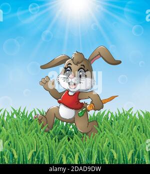 Lustige Kaninchen Karikatur hält eine Karotte im Gras auf Ein Hintergrund von strahlendem Sonnenschein Stock Vektor