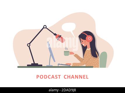 Podcast-Konzept. Frau in Kopfhörer am Tisch Aufnahme Audio-Übertragung. Stock Vektor