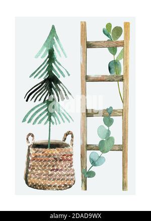 Weihnachts-Grußkarten-Design mit Bäumen, Schneeflocken und einem niedlichen Fuchs in Pastellfarben. Stockfoto