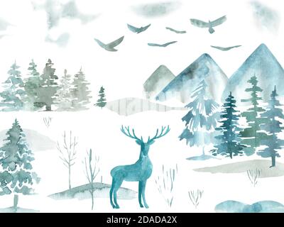 Winter Forest Tree Clipart. Aquarell Wald Pinien, Landschaften, Berg digitale Clip Art Stockfoto