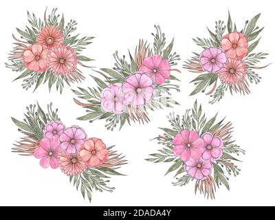 Bouquet Sammlung von Vintage-Blumen und Grün auf weißem Hintergrund. Blumenarrangement Stockfoto