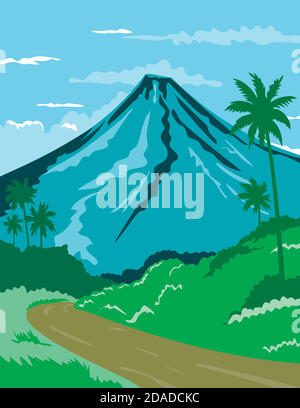 WPA Plakatkunst von Mayon Vulkan oder Mount Mayon, eine heilige und aktive Stratovulkan in der Provinz Albay in Bicol, Philippinen in Works-Projekt getan Stock Vektor