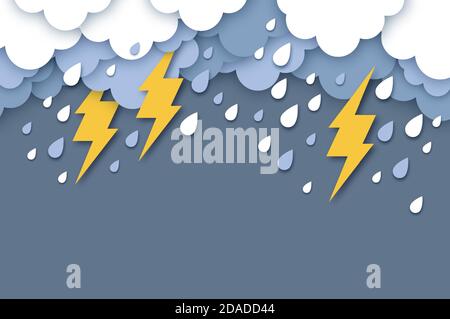 Regenwolken und Blitzschlag. Papier geschnitten Wetter. Sturmzeit. Regentropfen und Donner. Stock Vektor