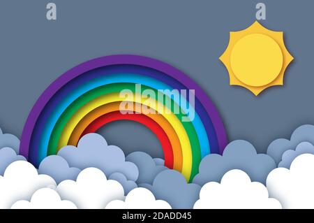 Sonne und Regenbogen. Sommerlich in Papierform. Himmelswolke. Stock Vektor