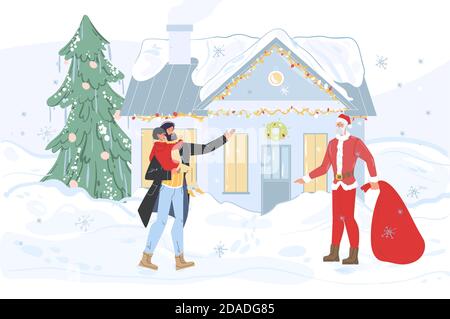 Flat Cartoon-Figuren und Weihnachtsmann frohe Feiertage Konzept Stock Vektor