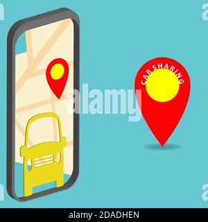 Car-Sharing-Konzept. Carsharing-Anwendung auf dem Mobiltelefon Stock Vektor
