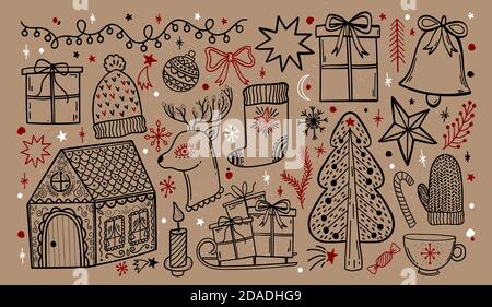 Frohe Weihnachten Doodle handgezeichnetes Set. Frohes neues Jahr Skizze Kollektion. Isolierte Elementdekoration. Stock Vektor