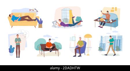 Flat Cartoon Figuren Surfen Internet-Set, Vektor-Illustration Konzept Stock Vektor