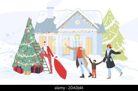 Flat Cartoon-Figuren und Weihnachtsmann frohe Feiertage Konzept Stock Vektor